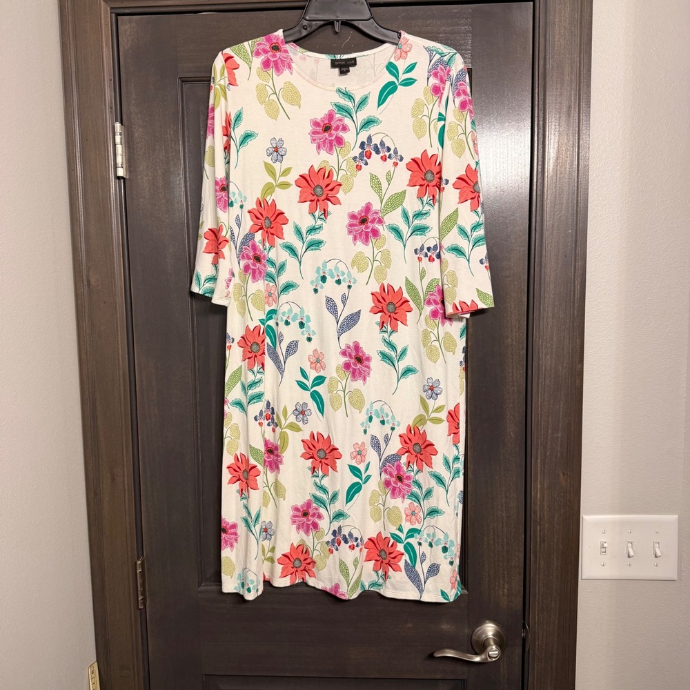 J Jill Wearever Floral Knit Dress White Red Pink 3/4 Sleeve Crew Neck Medium